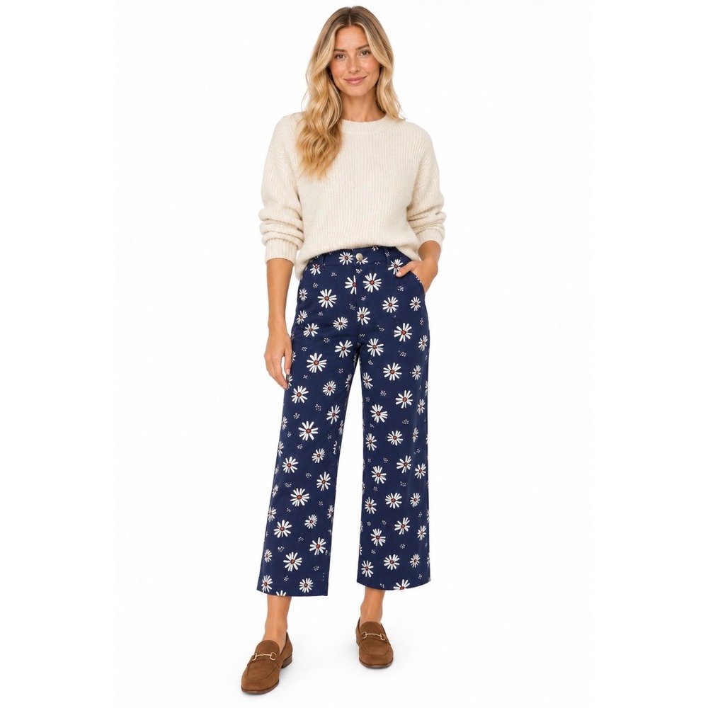 Maeve by Anthropologie The Colette Cropped Wide-Leg Pants Navy Daisy Print 33
